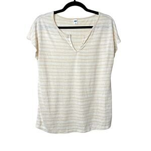 Old Navy Cream and White Striped V-Split Neck Tee Blouse Capped Sleeve Small
